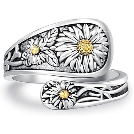 Solsikke Ring Sølvbelagt Vintage Justerbar Antik Ske Ring Boho Blomst Bred Tommelfinger Ring Smykker Gaver til Kvinder Mænd
