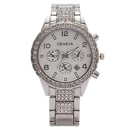 Vandtæt Dame Luksus Klassisk Rustfrit Stål Krystal Quartz Rundt Armbåndsur (Sølv)