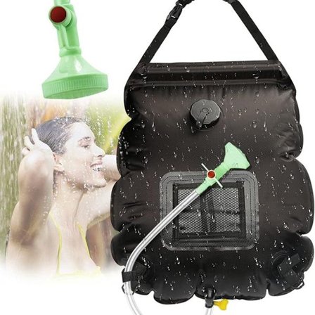 Aurinkosuihku pussi retkeilyyn, aurinkosuihku pussi, aurinkokäyttöinen retkisuihku, retkisuihku pussi KLB