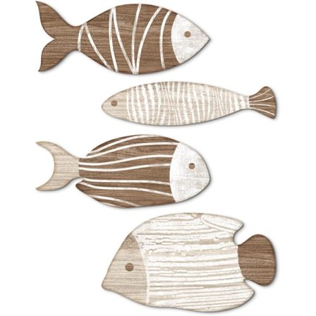 Putuo Decor 4 stk. veggdekorasjon av tre i form av fisk - strand, nautisk, kysttema - veggdekorasjon av fisk i tre