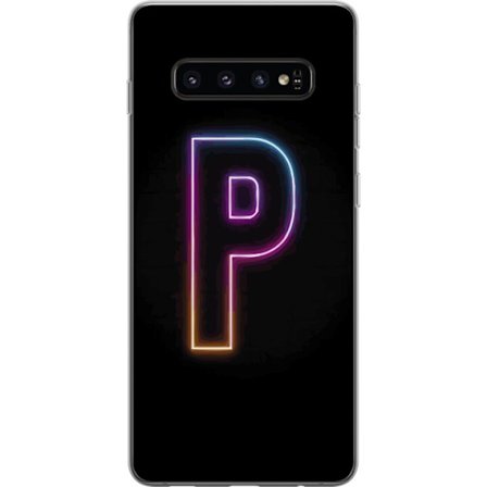 Kompatibel Mobilcover til Samsung Samsung Galaxy S10 Minimalistisk neonbogstav P i farvegradient og lyseffekt mod sort baggrund i digital neonstil