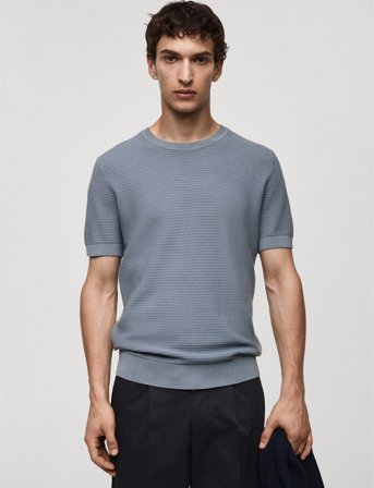 Mango Tencel Braided Knitted T-Shirt - Blue - XXL