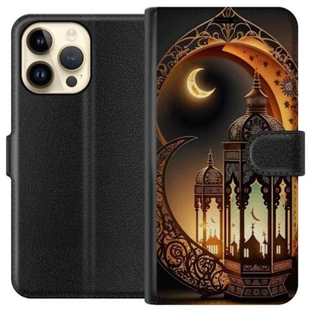 Yhteensopiva Lompakkokotelo Apple iPhone 14 Pro Max Dekorativ orientalisk lykta med halvmåne och stjärnor i varm gyllene nattmiljö