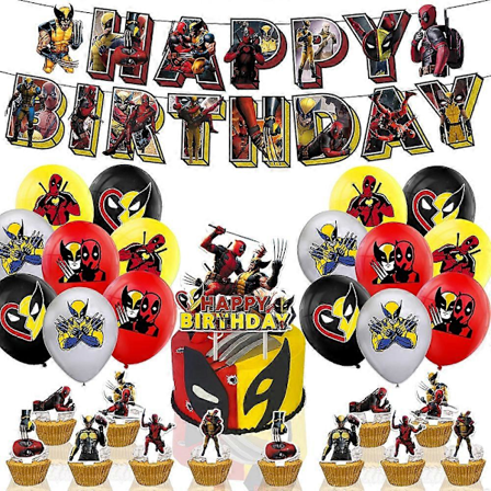 Deadpool & Wolverine -teemainen syntymäpäiväkoristeet HAPPY BIRTHDAY -bannerit, ilmapallot ja kakun koristeet (FMY)