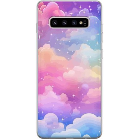 Kompatibelt Mobildeksel til Samsung Galaxy S10+ Søt enhjørning med regnbuefarget hår mot en stjernebelagt pastellbakgrunn i kawaii-stil