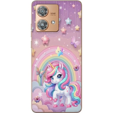 Kompatibel Mobilcover til Motorola Edge 40 Neo Magisk enhjørning med regnbue manke, stjerner og sommerfugle mod en pastelfarvet himmel med skyer