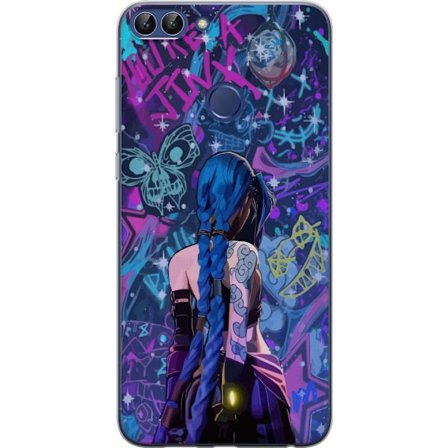 Yhteensopiva Puhelinkuori Huawei Huawei P smart Värikäs graffitipiirros, jossa on sinisellä hiuksilla varustettu hahmo kaupunkimaisessa neon-tyylis