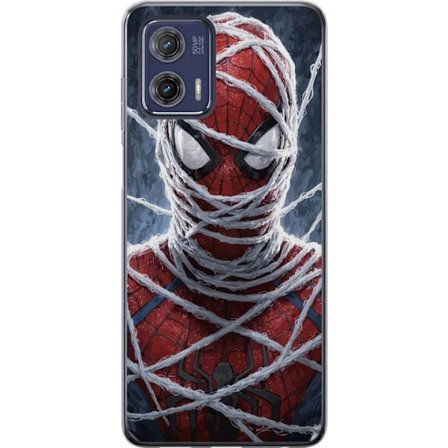 Motorola Moto G73 Genomskinligt Skal Spider-Man täckt av täta nätlager i dramatisk närbild som framhäver maskens struktur och intensitet i en mö