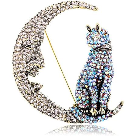 Rhinestone Kat på Månen Brosche Nål til Kvinder Piger Vintage AB Krystal Dyr Killing Halvmåne Himmelsk Broscher Lapel