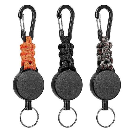 Kolmiosainen sisäänvedettävä avaimenperä, sisäänvedettävä kaulanauha 60 cm teräsvaijerilla ja avaimenperällä, vetolujuus 170-200 g