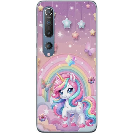 Kompatibelt Mobildeksel til Xiaomi Mi 10 5G Magisk enhjørning med regnbue manke, stjerner og sommerfugler mot en pastellhimmel med skyer
