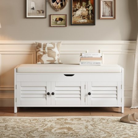 Vit skobänk med sits & 3 blinda dörrar – hydrauliskt förvaringsutrymme upptill – praktisk sittmöbel för hall/vardagsrum