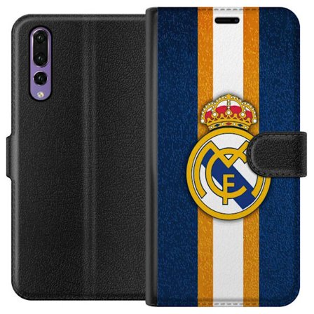 Kompatibelt Lommeboketui til Huawei P20 Pro Real Madrid klubbmerke med kongelig krone mot blå bakgrunn med gule og hvite striper