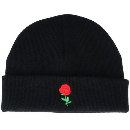 Iconic - Svart shortbeanie Beanie - Tiny Red Rose Black Short Beanie @ Hatstore