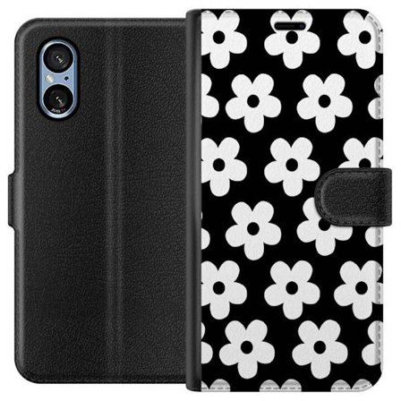 Yhteensopiva Lompakkokotelo Sony Sony Xperia 5 V Mustavalkoinen kukkakuvio minimalistisessa skandinaavisessa muotoilussa, jossa voimakas kontrasti ja
