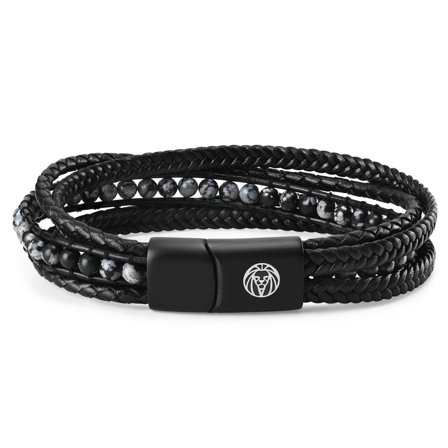 Skórzana bransoletka ze śnieżnym obsydianem Naxos dla mężczyzn - Bransoletki z koralików