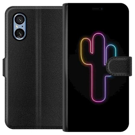 Yhteensopiva Lompakkokotelo Sony Sony Xperia 5 V Neonpiirros kaktuksista vaaleanpunaisessa ja sinisessä valossa tummaa taustaa vasten