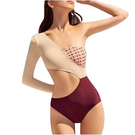 Dambaddräkter Baddräkt Dam Sexig Patchwork Bikini i ett stycke Baddräkt med en axel och långa ärmar