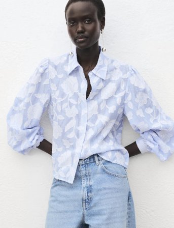 Mango Striped Shirt With Embroidered Details - Blue - XS