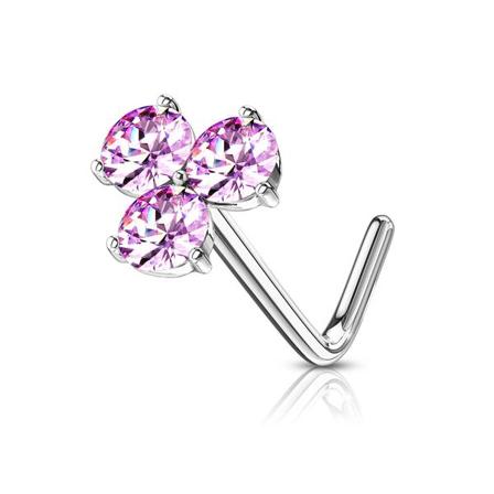 1 L-formet nesepiercing i 316L platinabelagt stål med 3 rosa CZ