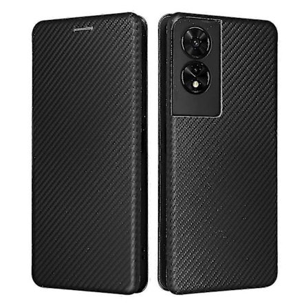 För TCL 505 Mobilskal Kolfibertextur Läder Magnetisk Stängning Svart