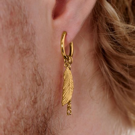 Gold-Tone Steel Drop Hoop Earring with Feather & Chain Charms for Men - Charm Hoop Earrings