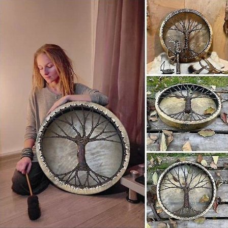 Elämänpuun shamaanirumpu, käsintehty siperialainen rumpu, koriste