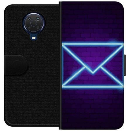 Yhteensopiva Lompakkokotelo Nokia Nokia G20 Neonilta illuustraatio kirjekuoresta sinisessä valossa lila tiiliseinää vasten, nykyaikainen symboli vi