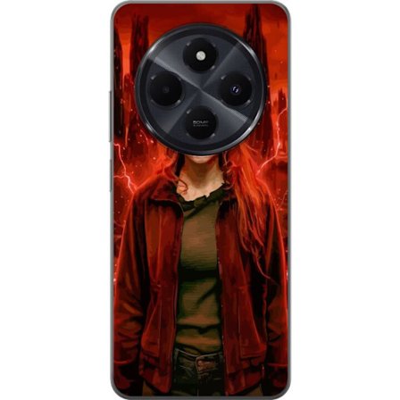 Kompatibelt Mobilskal till Xiaomi Xiaomi Redmi A4 Porträtt av en ung kvinna med rött hår i en apokalyptisk landskap, röda blixtar och mörka klipp