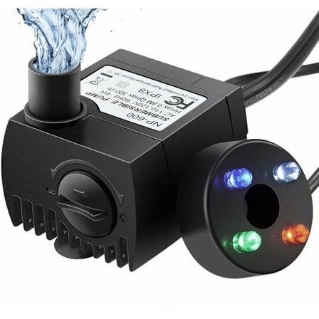Akvariepump med 4 färgglada LED-lampor, 300L/H vattenpump Anti-torr (48 timmar), ljudlös vattentankpump för fiskakvarium, damm, fontän, trädgård