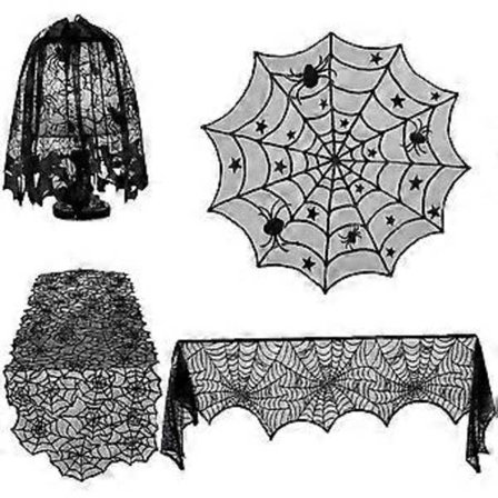 Set med 4 Halloween-dekorationer, rektangulär spindelnätsduk i spets, rund spindelnätsduk i spets samt eldstadsskydd och halsduk för Halloween