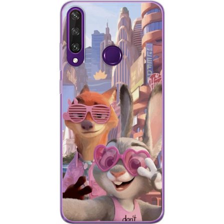 Kompatibelt Mobildeksel til Huawei Huawei Y6p Animerede dyr i et solfylt bymiljø med rosa solbriller og en positiv melding i en fargerik feel-good st