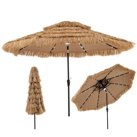 Strandparasol i Strå 313 x 251 cm -COSTWAY- 32 LED-lys, 35° Tilt - Solbestandig Hawaii-stil til Strand Have