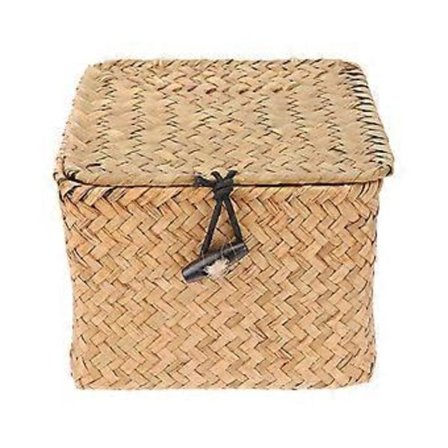 Flätad Halm Låda Kvadratisk Litterär Te Låda Förvaringshållare Med Lock För Hemmet (Orange Liten Storlek)