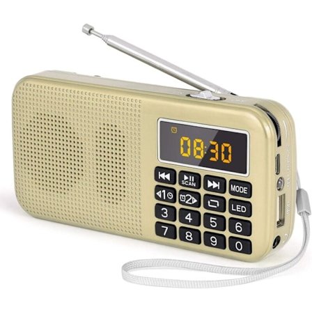Bärbar Radio, FM-radio med Uppladdningsbart Batteri med Stor Kapacitet (3000mAh), Stöder MP3/SD/USB/AUX, Guld