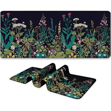 Lång spelmusmatta, stort skrivbordsunderlägg med halkfri bas, komplett tangentbordsmatta med sydda kanter för spel och kontor (ogräsblommor)