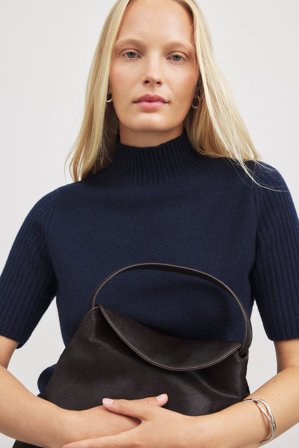 Premium Selection kurzärmeliges Strickoberteil aus Wolle mit hohem Ausschnitt - Rollkragen Tops - Marine - XS (EU 32)