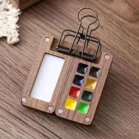 Mini-vesiväripaletti, puinen kannettava vesiväripaletti kannella, puinen 8 ruudukon vesiväripalettilaatikko klipsulla