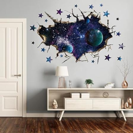 3D kosminen sininen galaksi seinätarra, rikkoutunut seinä planeetta universumi