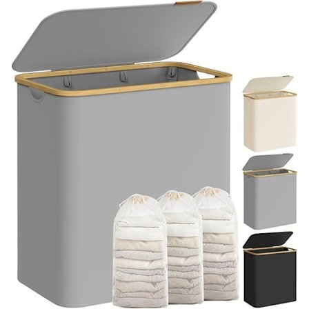 Stor vasketøjskurv med 3 rum, 150 l, 60 x 38,5 x 70,5 cm, duegrå