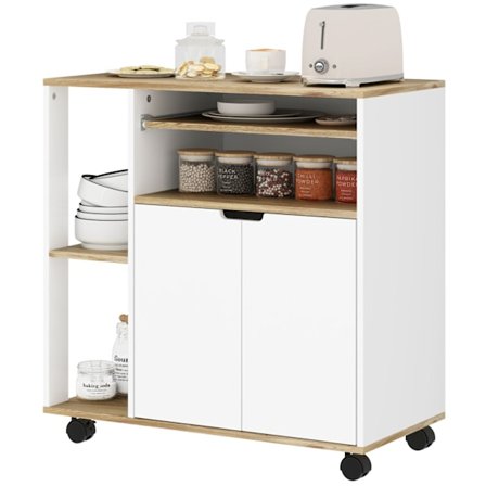 Rootz Rolling Kitchen Frolley - Mobile Cart - Kitchen Island - Säädettävät hyllyt - runsaasti säilytystilaa - 80x40x82 cm - valko -ruskea
