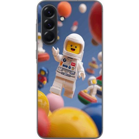 Kompatibelt Mobilskal till Samsung Galaxy A56 LEGO-inspirerad astronautfigur i rymden bland färgglada planeter, lekfull 3D-illustration för barnrum,