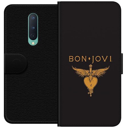 Kompatibelt Plånboksfodral till OnePlus 8 Ikonisk musikillustration med bevingat hjärta och dolk i guldtoner på mörk bakgrund, kraftfull och symbo