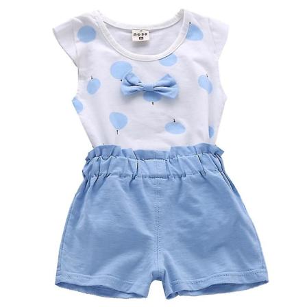 Baby Kids Girl Summer Outfit Bow T-shirt Top Shorts Casual Clothing Set W Blue 18-24 Months