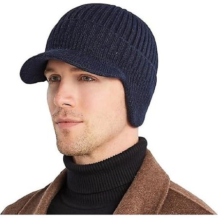 Vinterlue med brem for menn, varm lue med øreklaffer for menn, tykk fleecefôret strikket beanie utendørs