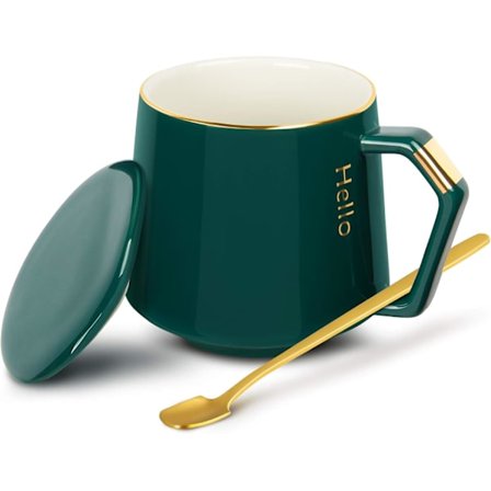 Keramisk krus kaffekrus med låg kaffekop + rustfri stål ske, 12oz/380ml tekrus