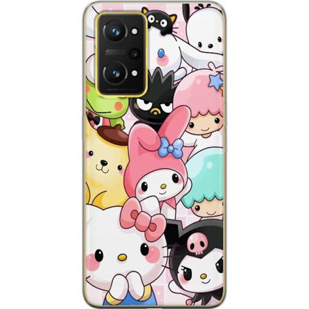 Kompatibelt Mobildeksel til Realme GT Neo 3T Tett mønster av søte figurer med store øyne i ulike farger og uttrykk med LABUBU-tekst