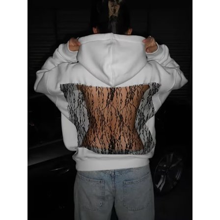 Dame Crystal Mesh Back Hettegenser Oversized Sweatshirts Casual Langermet Genser Vinter Høstantrekk Gave Hvit XXL Lace white