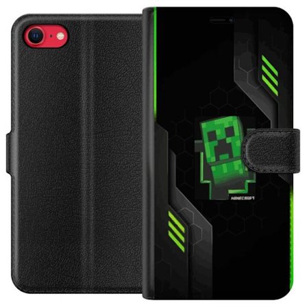 Kompatibelt Plånboksfodral till Apple Apple iPhone 7 Grön pixelbaserad creeperliknande spelillustration med futuriska neoninslag och mörk techbakgr