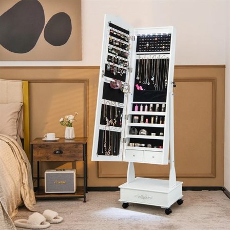 Spegelskåp med smyckesförvaring på hjul med lås, LED-belysning och justerbar lutning